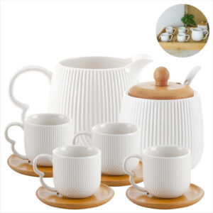 Achadinhos: Cantinho do Café Oasis Conjunto de Ceramica e Bambu Hauskraft Com Xicaras Para Café da Tarde Chá Capuccino Black Deal BR