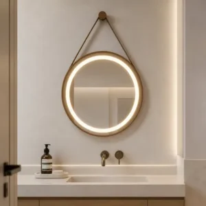 Achadinhos: Espelho Adnet Redondo Com Led 60×60 Decorativo Suporte Alça Black Deal BR